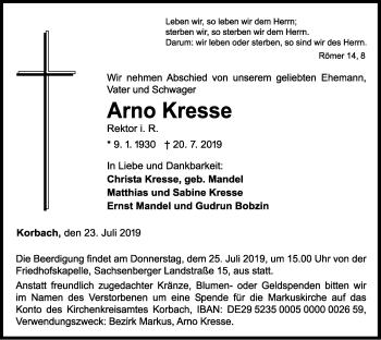 Traueranzeige von Arno Kresse von WLZ