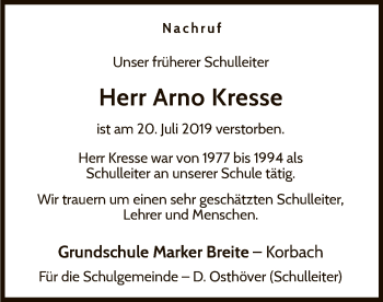 Traueranzeige von Arno Kresse von WLZ