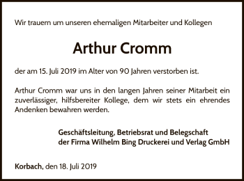 Traueranzeige von Arthur Cromm von WLZ