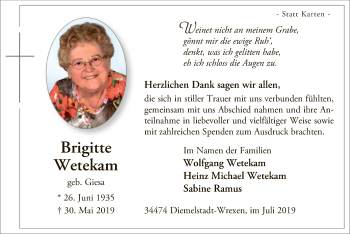 Traueranzeige von Brigitte Wetekam von WLZ