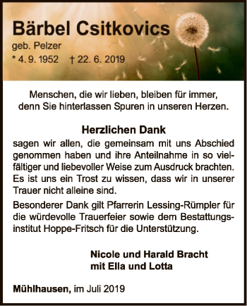 Traueranzeige von Bärbel Csitkovics von WLZ