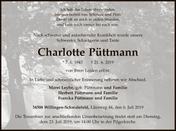 Traueranzeige von Charlotte Püttmann von WLZ