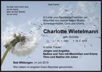 Traueranzeige von Charlotte Wietelmann von WLZ