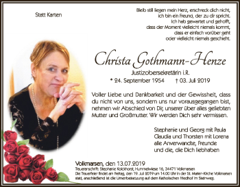 Traueranzeige von Christa Gothmann-Henze von WLZ