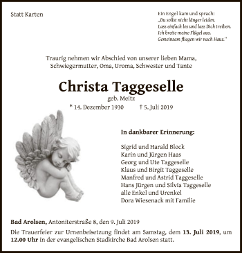 Traueranzeige von Christa Taggeselle von WLZ