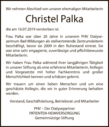 Traueranzeige von Christel Palka von WLZ