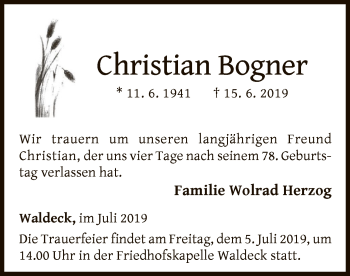 Traueranzeige von Christian Bogner von WLZ