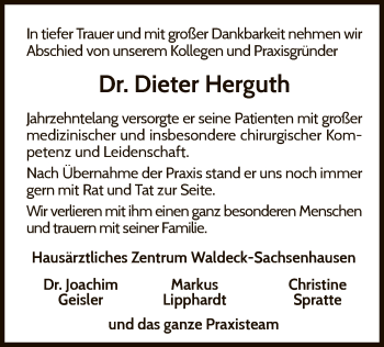 Traueranzeige von Dieter Herguth von WLZ