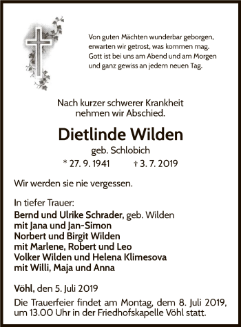 Traueranzeige von Dietlinde Wilden von WLZ
