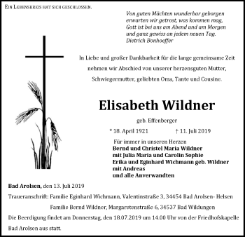 Traueranzeige von Elisabeth Wildner von WLZ