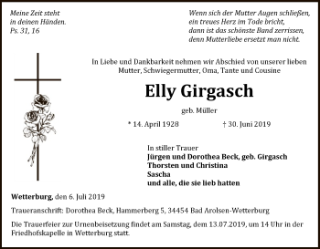 Traueranzeige von Elly Girgasch von WLZ