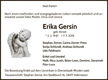 Traueranzeige von Erika Gersin von WLZ