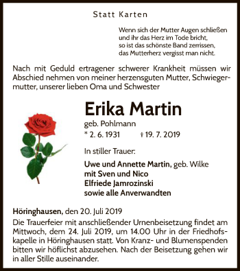 Traueranzeige von Erika Martin von WLZ