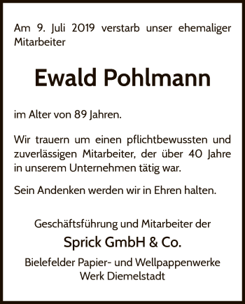 Traueranzeige von Ewald Pohlmann von WLZ