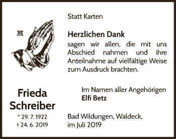 Traueranzeige von Frieda Schreiber von WLZ