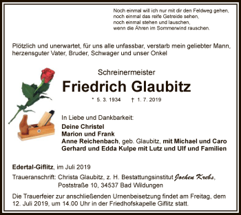 Traueranzeige von Friedrich Glaubitz von WLZ