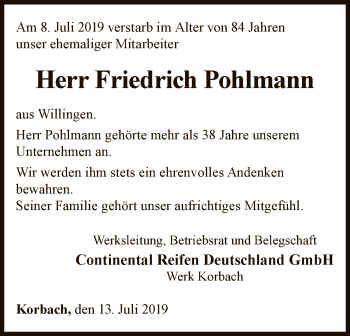 Traueranzeige von Friedrich Pohlmann von WLZ