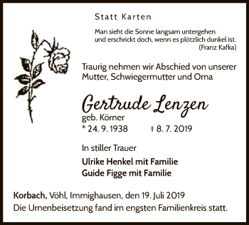 Traueranzeige von Gertrude Lenzen von WLZ