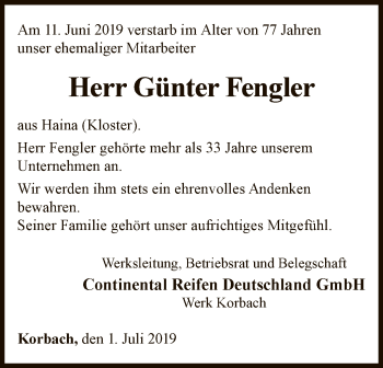 Traueranzeige von Günter Fengler von WLZ