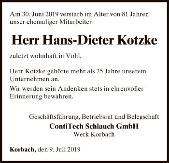 Traueranzeige von Hans-Dieter Kotzke von WLZ