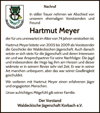 Traueranzeige von Hartmut Meyer von WLZ