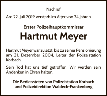 Traueranzeige von Hartmut Meyer von WLZ