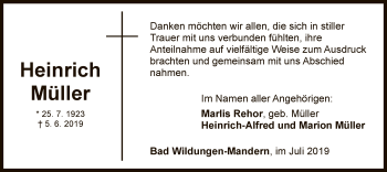 Traueranzeige von Heinrich Müller von WLZ