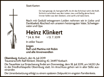 Traueranzeige von Heinz Klinkert von WLZ