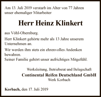 Traueranzeige von Heinz Klinkert von WLZ