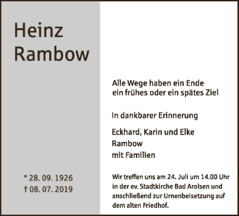Traueranzeige von Heinz Rambow von WLZ