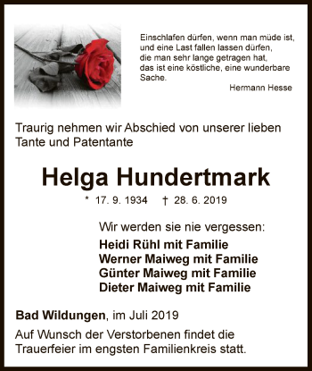 Traueranzeige von Helga Hundertmark von WLZ