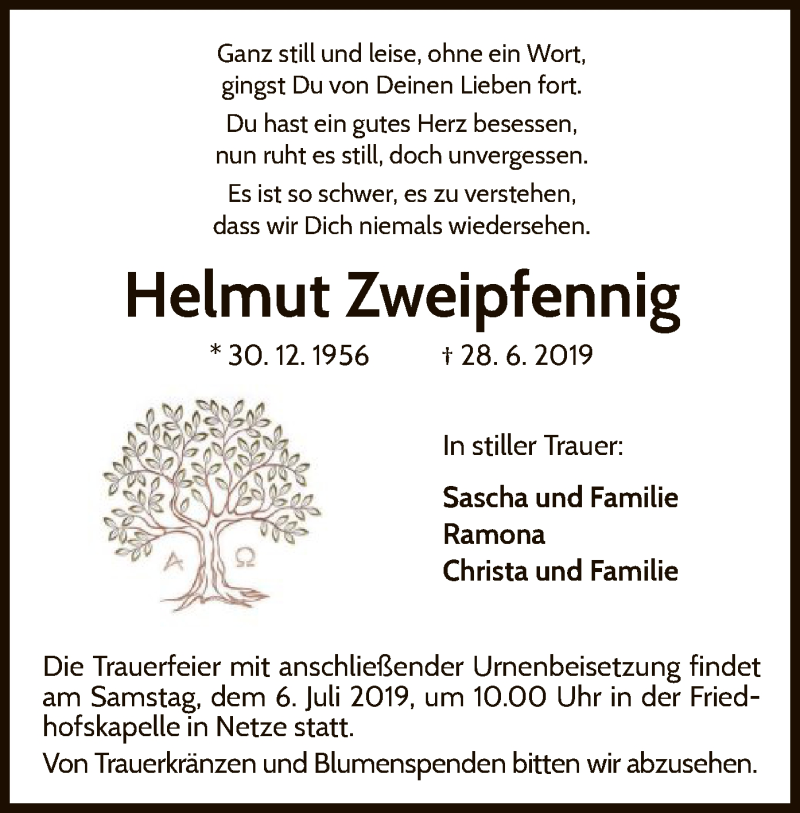  Traueranzeige für Helmut Zweipfennig vom 03.07.2019 aus WLZ