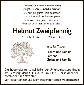 Traueranzeige von Helmut Zweipfennig von WLZ