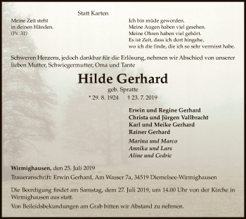 Traueranzeige von Hilde Gerhard von WLZ