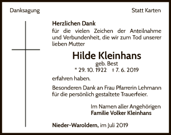 Traueranzeige von Hilde Kleinhans von WLZ