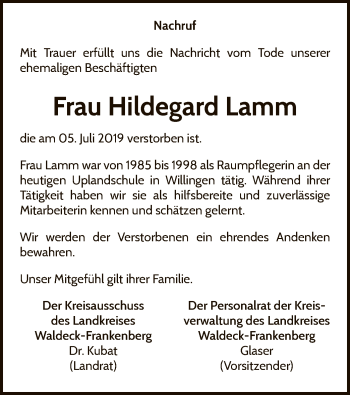 Traueranzeige von Hildegard Lamm von WLZ