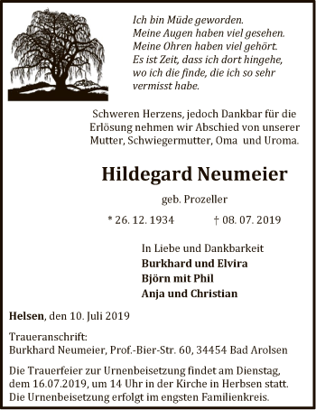 Traueranzeige von Hildegard Neumeier von WLZ