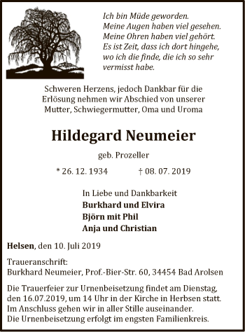 Traueranzeige von Hildegard Neumeier von WLZ