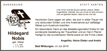 Traueranzeige von Hildegard Nobis von WLZ