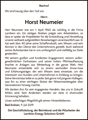 Traueranzeige von Horst Neumeier von WLZ