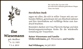 Traueranzeige von Ilse Wiesemann von WLZ