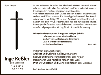 Traueranzeige von Inge Keßler von WLZ
