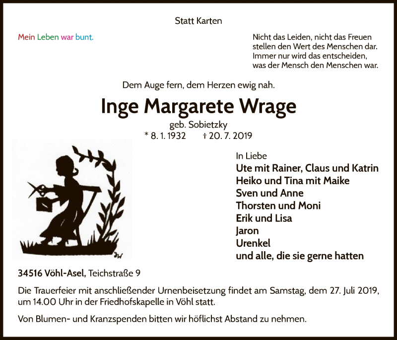  Traueranzeige für Inge Margarete Wrage vom 23.07.2019 aus WLZ