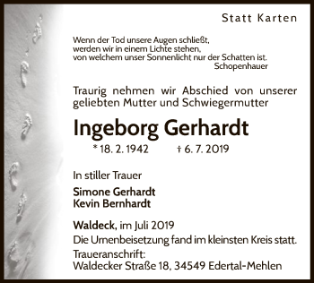 Traueranzeige von Ingeborg Gerhardt von WLZ