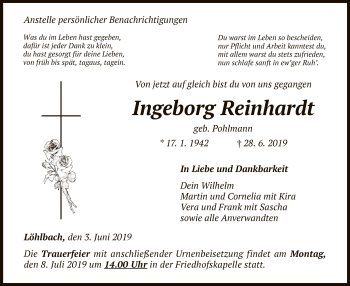 Traueranzeige von Ingeborg Reinhardt von WLZ