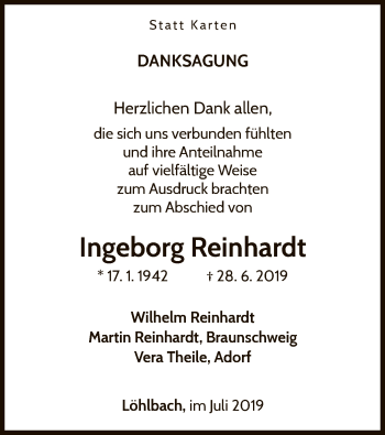 Traueranzeige von Ingeborg Reinhardt von WLZ