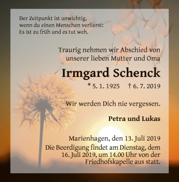 Traueranzeige von Irmgard Schenck von WLZ