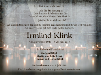 Traueranzeige von Irmlind Klink von WLZ