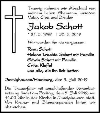 Traueranzeige von Jakob Schott von WLZ