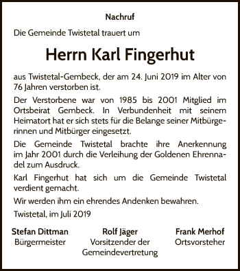 Traueranzeige von Karl Fingerhut von WLZ